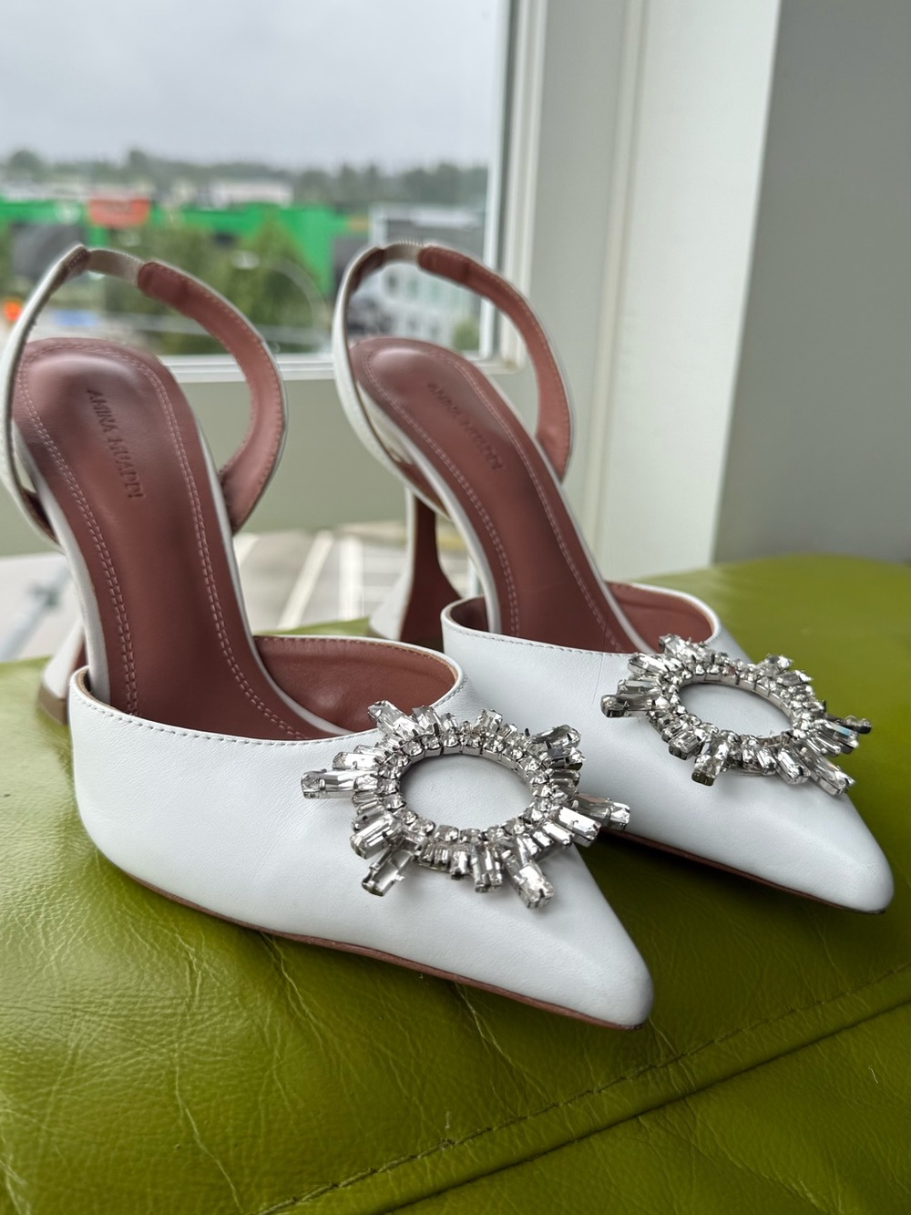 Amina Muaddi White Crystal-Embellished Slingbacks-new with minor defects - Picture 2 of 9